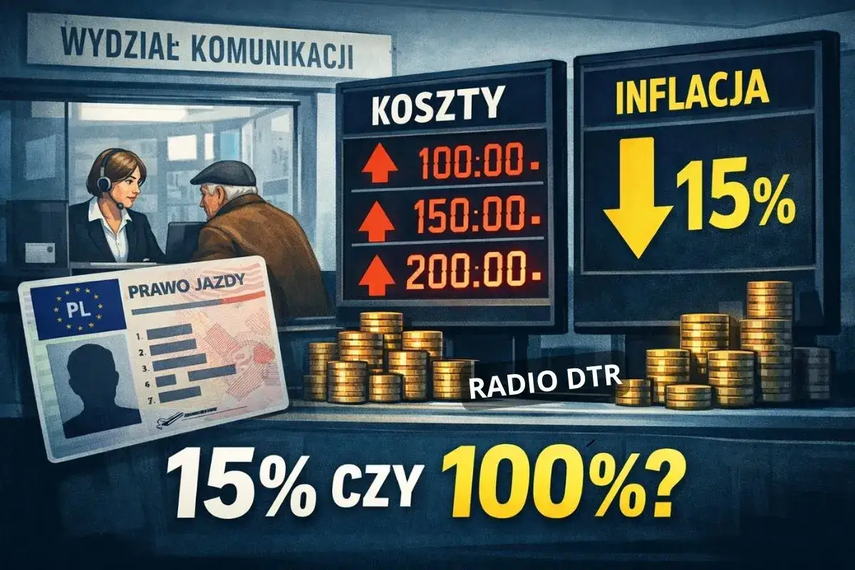 Ile kosztuje prawo jazdy w Polsce? W urzędzie komunikacji urzędniczka rozmawia z klientem. Na ekranach widać rosnące koszty i inflację 15%.