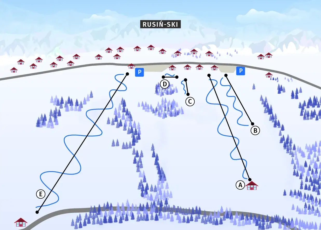 Mapa stoki narciarskie Bukowina Tatrzańska. Widok na trasy zjazdowe, wyciągi, domki i lasy.