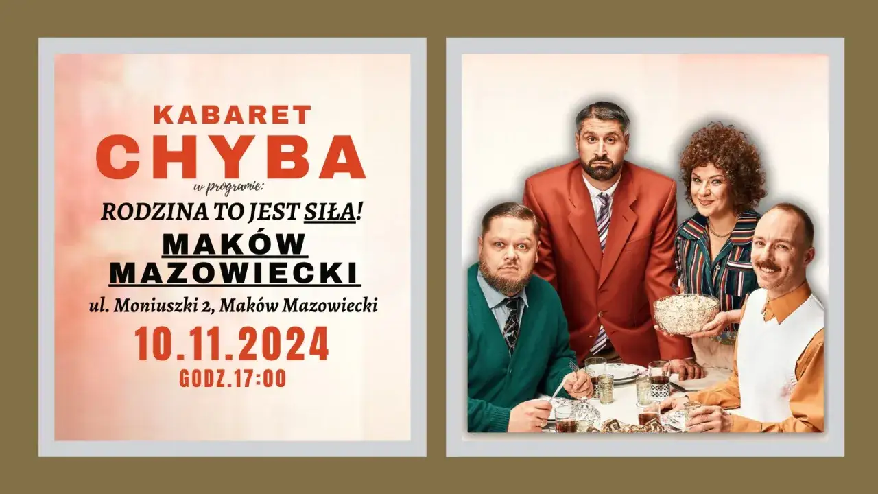 Kto występuje w kabarecie Chyba? Czterech aktorów w stylizowanych strojach, zapraszających na program 