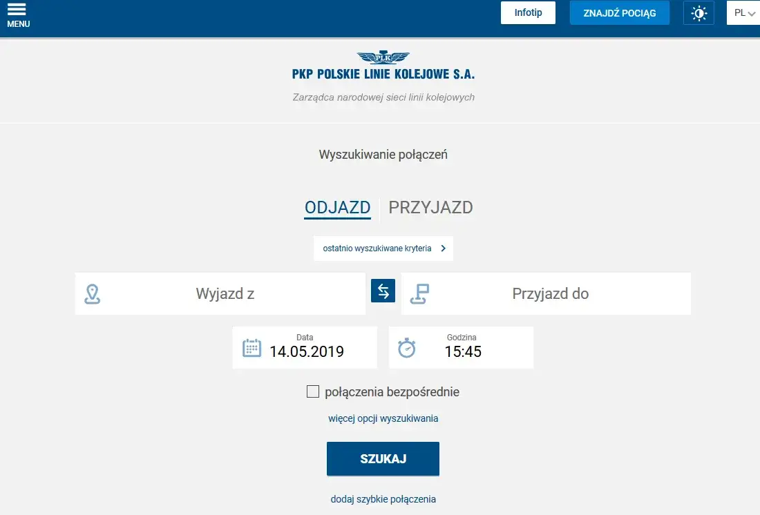 Portal Pasażera widok wyszukiwarki połączeń
