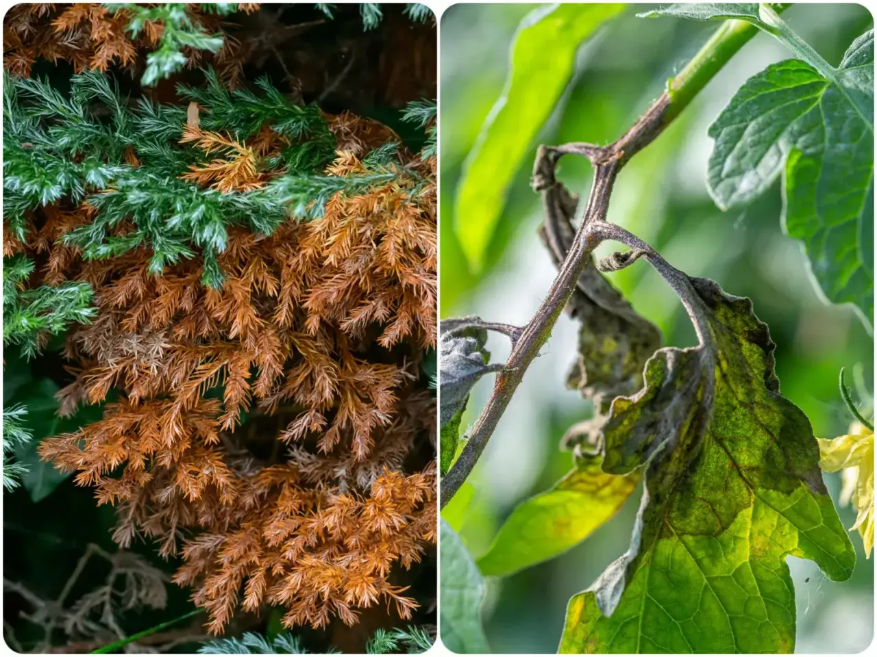 Dwa obrazy: po lewej iglaki z brązową plamistością liści, po prawej liść pomidora z objawami choroby.