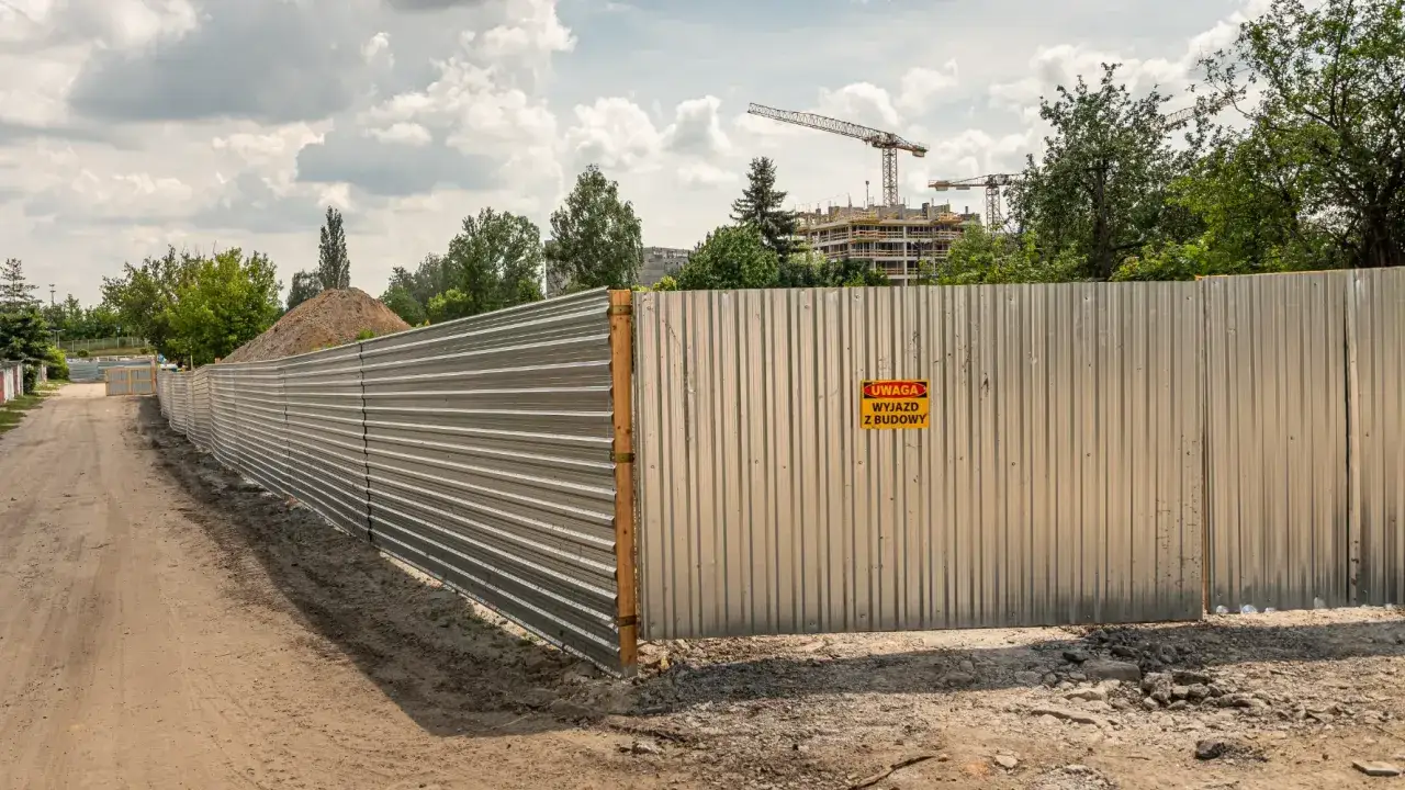 Długie, faliste ogrodzenie tymczasowe budowlane oddziela plac budowy od drogi. Na płocie wisi żółta tablica z napisem 