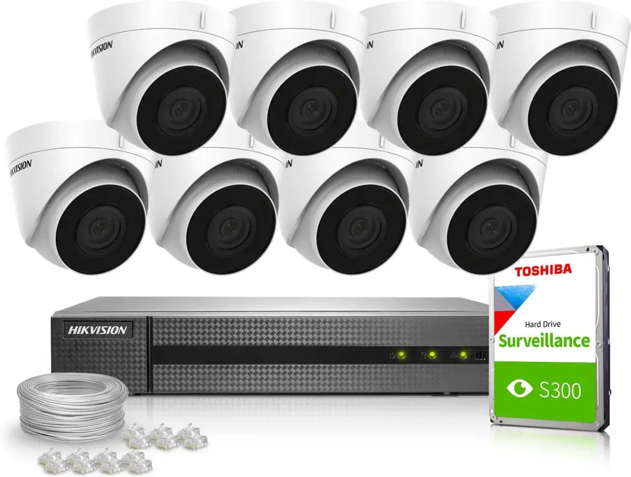 Zestaw monitoringu Hikvision z kamerami i rejestratorem NVR. Dysk Toshiba Surveillance S300 zapewnia miejsce na nagrania, a aplikacja Hik-Connect umożliwia zdalny podgląd.