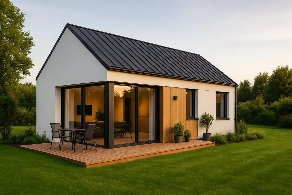 Nowoczesny, biały domek z drewnianym akcentem i dużymi oknami, stojący na trawniku. Idealne miejsce na relaks, nawet jeśli to domki bez pozwolenia.