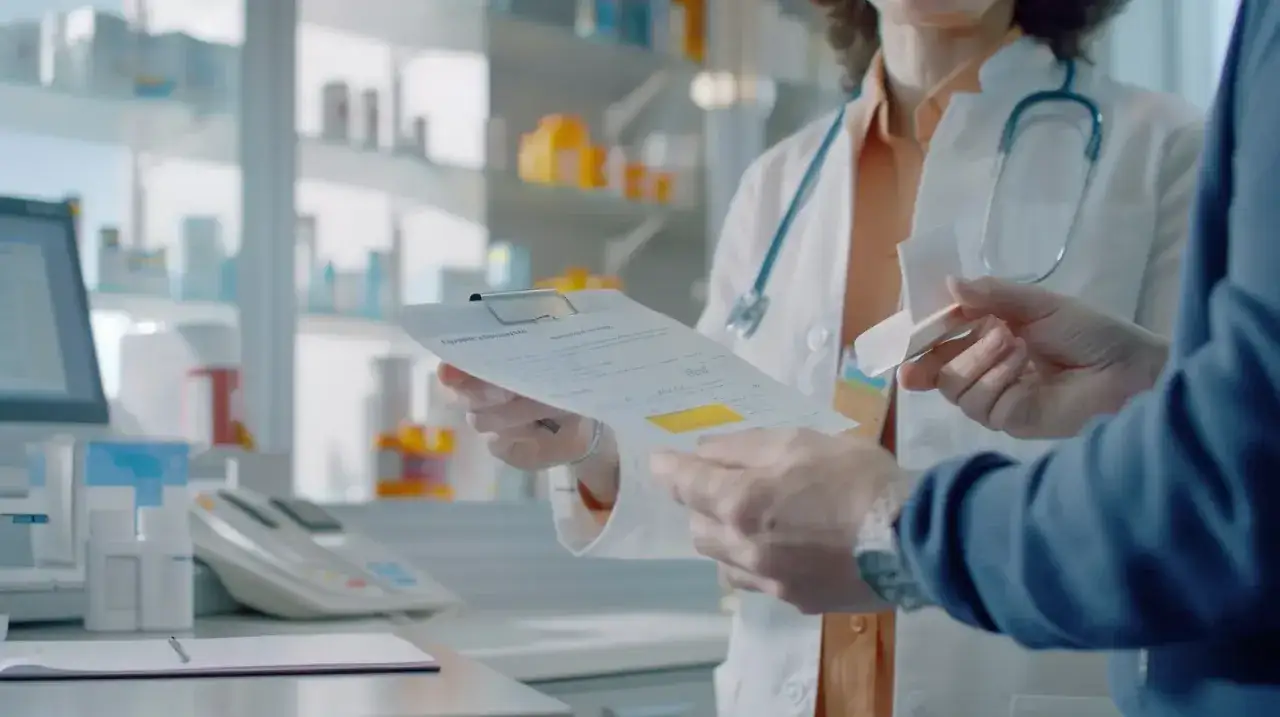 Farmaceutka pokazuje pacjentowi receptę. Czy diagnostyka robi badania na NFZ? Zapytaj w aptece.