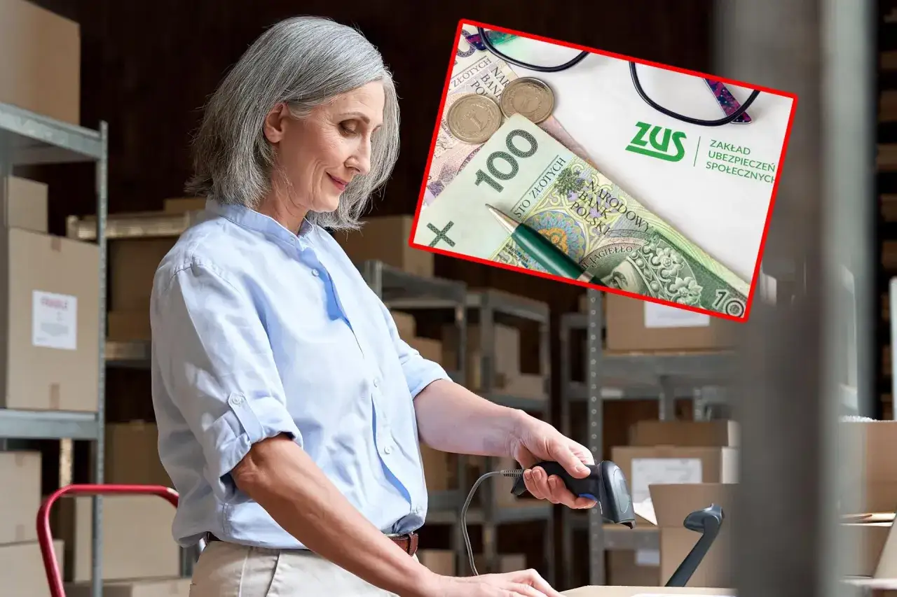Kobieta w magazynie skanuje paczkę, a nad nią symbolicznie pieniądze i ZUS. Czy kuroniówka wlicza się do stażu pracy?