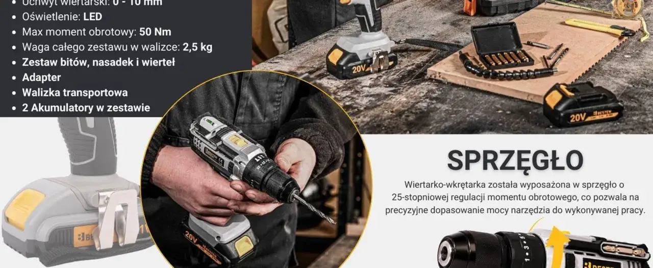 Wiertarko-wkrętarka z 25-stopniową regulacją momentu obrotowego, zapewniająca precyzyjny, miękki moment obrotowy. W zestawie bity, walizka i akumulatory.