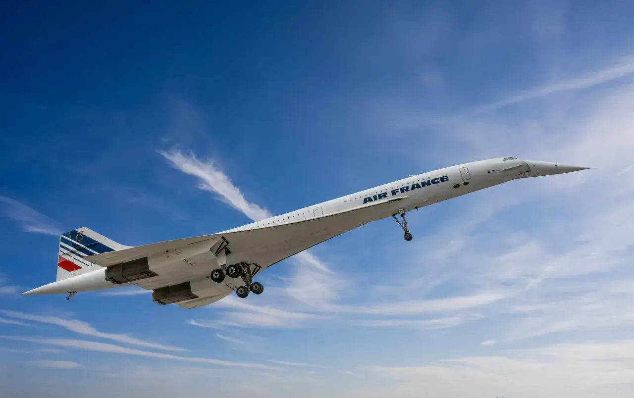 Concorde, legendarny francuski samolot naddźwiękowy Air France, wznosi się na tle błękitnego nieba z delikatnymi chmurami.
