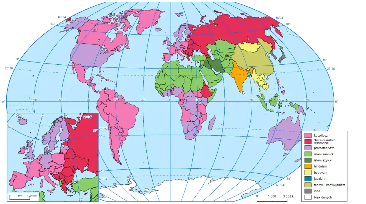 Mapa świata z zaznaczonymi obszarami, gdzie wyznaje się buddyzm (żółty), głównie w Azji Wschodniej i Południowo-Wschodniej.