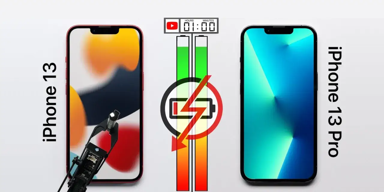 Porównanie iPhone 13 i 13 Pro. Wskaźnik baterii i czasomierz sugerują test wytrzymałości, być może z wykorzystaniem mechanizmu ultra vision.
