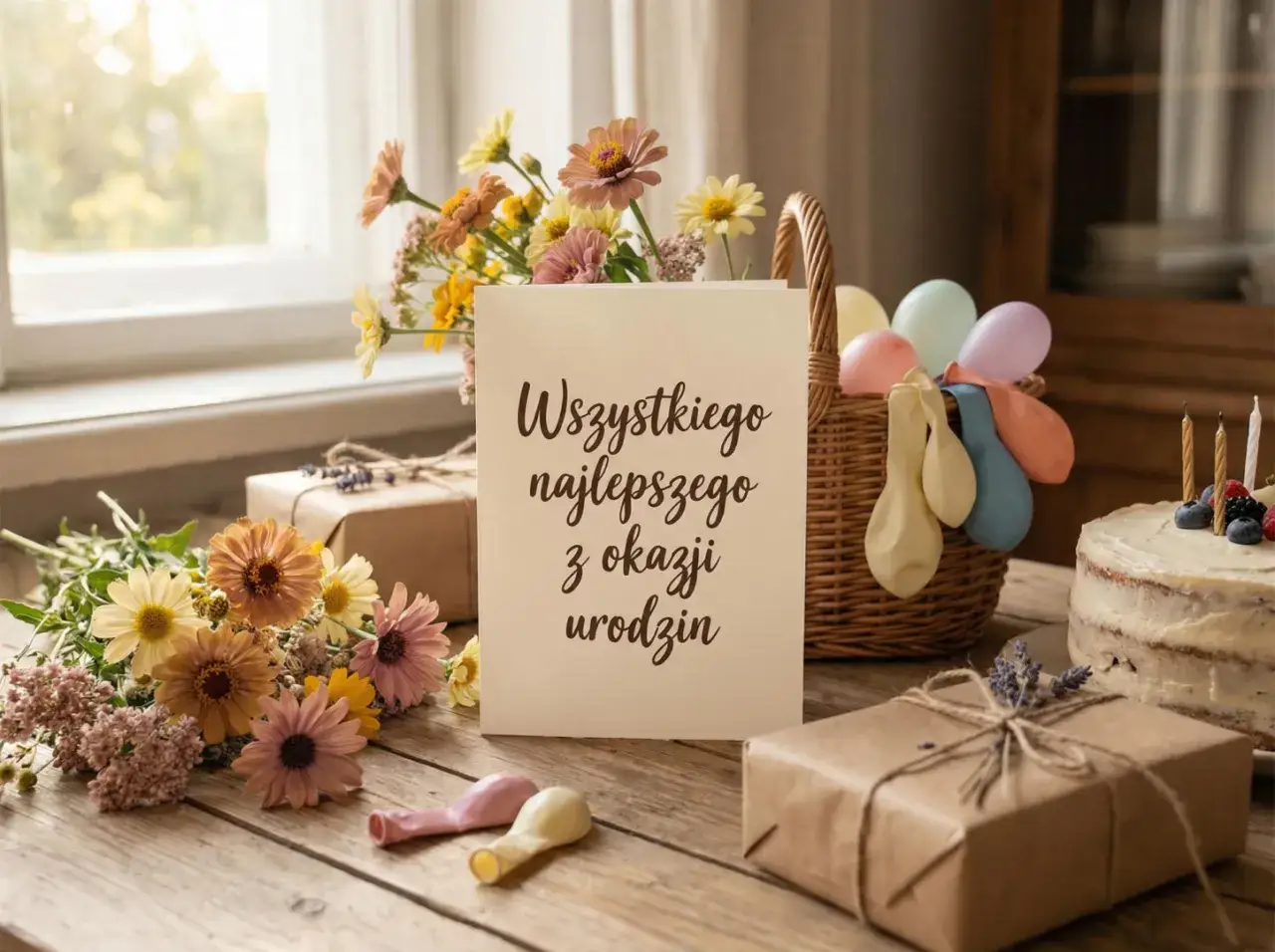 Wszystkiego najlepszego z okazji urodzin dla cioci! Bukiet kwiatów, tort i prezenty czekają.