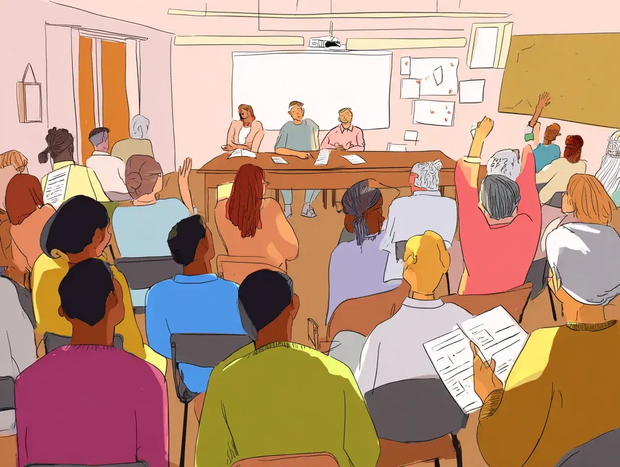 Zebranie wspólnoty mieszkaniowej, dyskusja nad regulaminem. Ludzie podnoszą ręce, by zabrać głos.