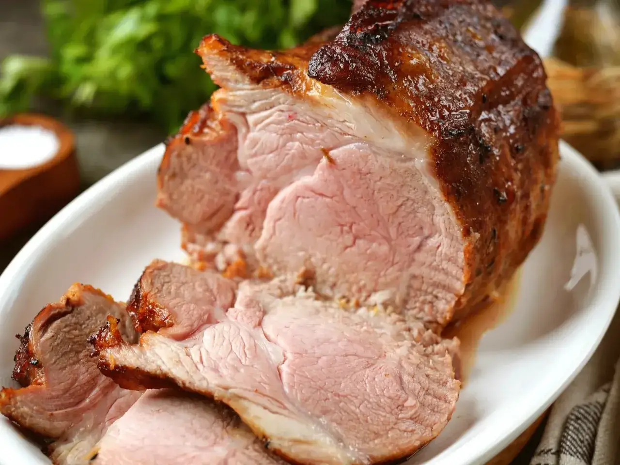 Soczysta pieczeń z karkówki, idealna temperatura wewnętrzna 70°C zapewnia maksymalną soczystość.