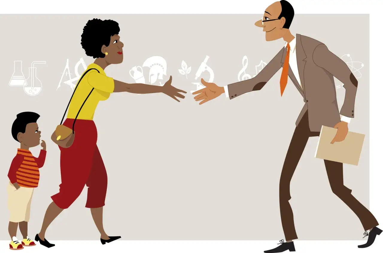 Matka z synem witają się z nauczycielem. W tle symbole nauki i sztuki, przypominające o zasadach dobrego wychowania.