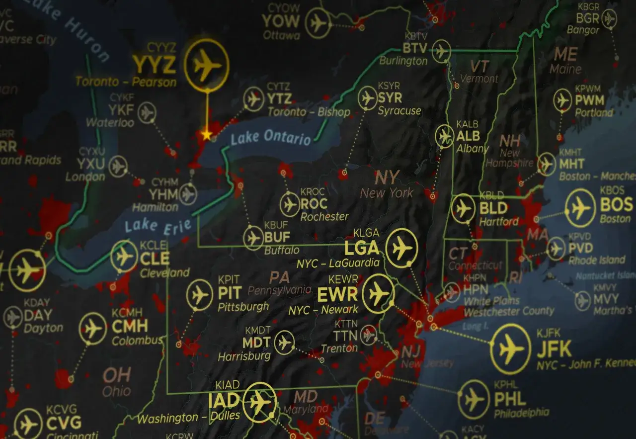 Mapa popularnych lotnisk przesiadkowych Europa USA