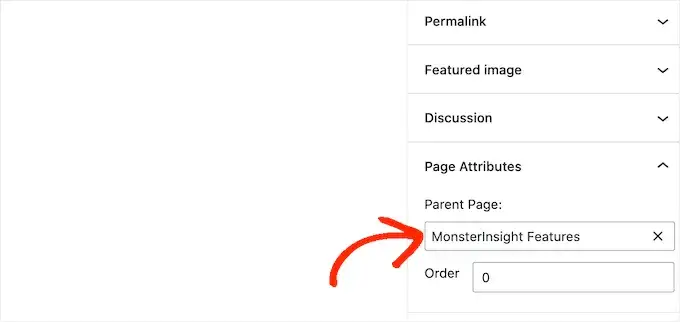 Atrybuty strony WordPress, wybór strony nadrzędnej