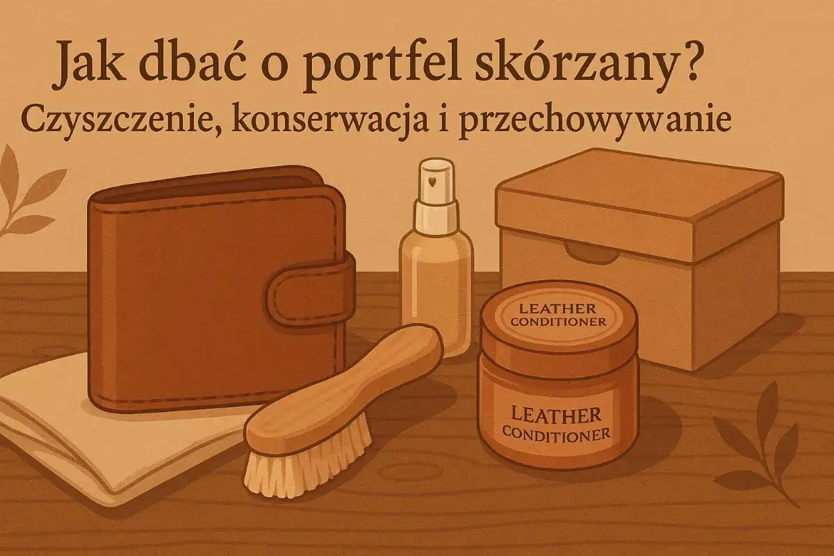 Jak wyczyścić skórzany portfel? Ilustracja pokazuje brązowy portfel, szczotkę, spray i krem do skóry, sugerując pielęgnację.