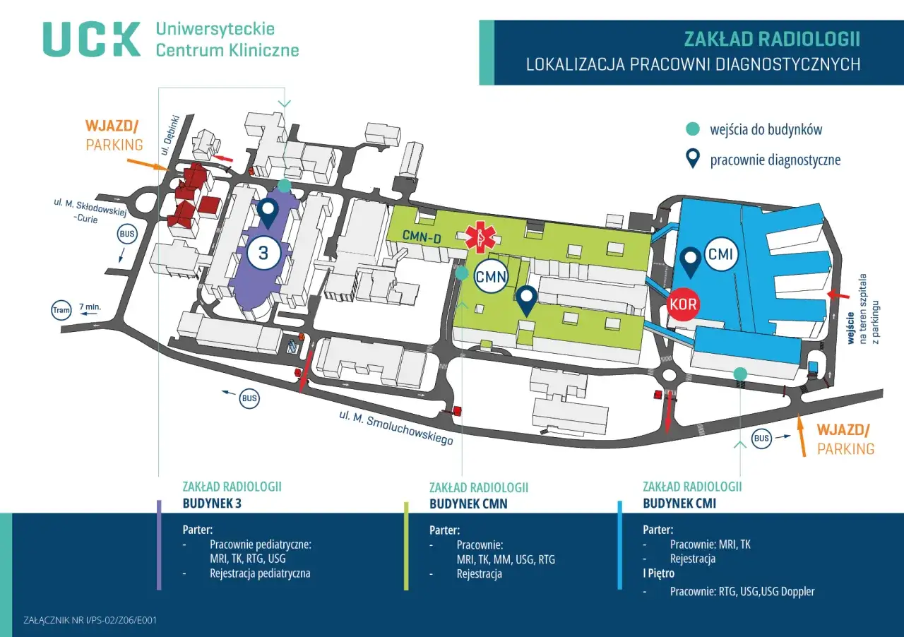 Mapa kampusu UCK z zaznaczonymi budynkami i pracowniami diagnostycznymi. Uroki lokalizacji pracowni radiologicznych.