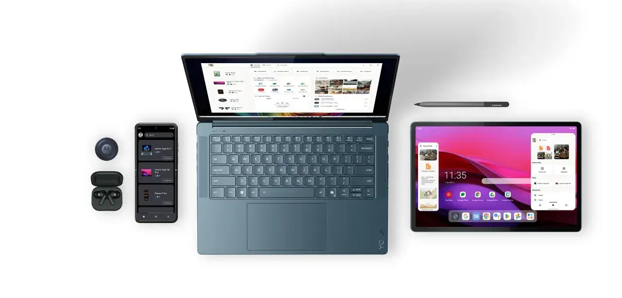 Zestaw urządzeń Lenovo: laptop, tablet, smartfon i słuchawki. Na ekranie telefonu widać listę urządzeń, co może pomóc w sprawdzeniu, jakie aplikacje były uruchamiane.