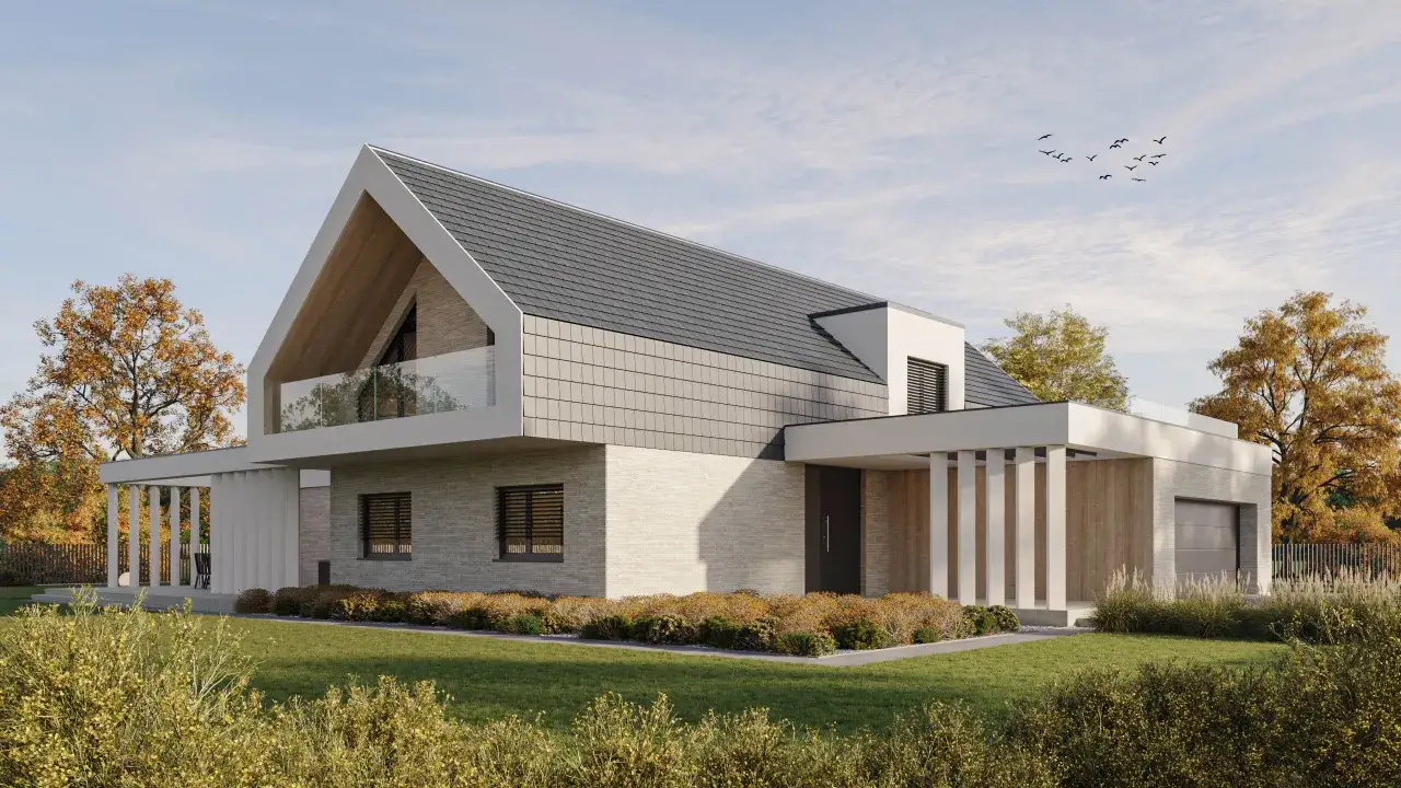 Nowoczesny dom z przeszklonym balkonem i garażem, idealny przykład udanej modernizacji domu.