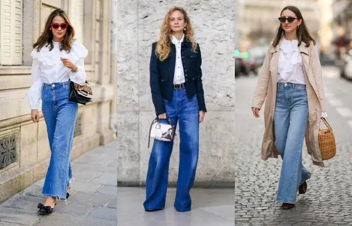 stylowa kobieta w białej bluzce oversize i dopasowanych jeansach