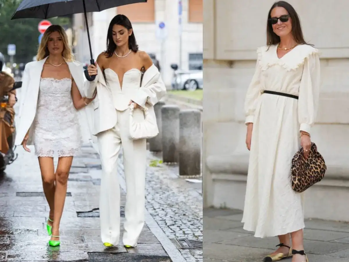 Kobiety w białych stylizacjach. Jedna w koronkowej sukience i neonowych szpilkach, druga w garniturze i z torebką. Trzecia w długiej sukience i złotych balerinkach.