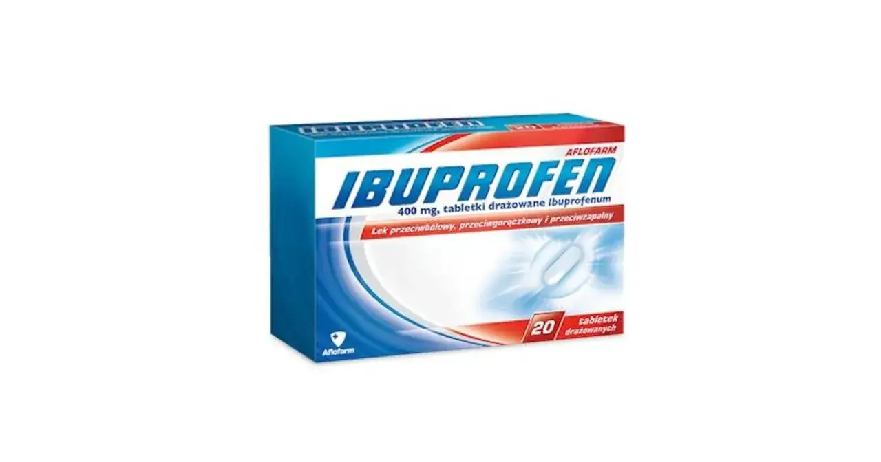 Opakowanie leku Ibuprofen 400 mg. Pytanie: jaki odstęp między antybiotykiem a ibuprofenem? Lek przeciwbólowy, przeciwgorączkowy i przeciwzapalny. 20 tabletek.