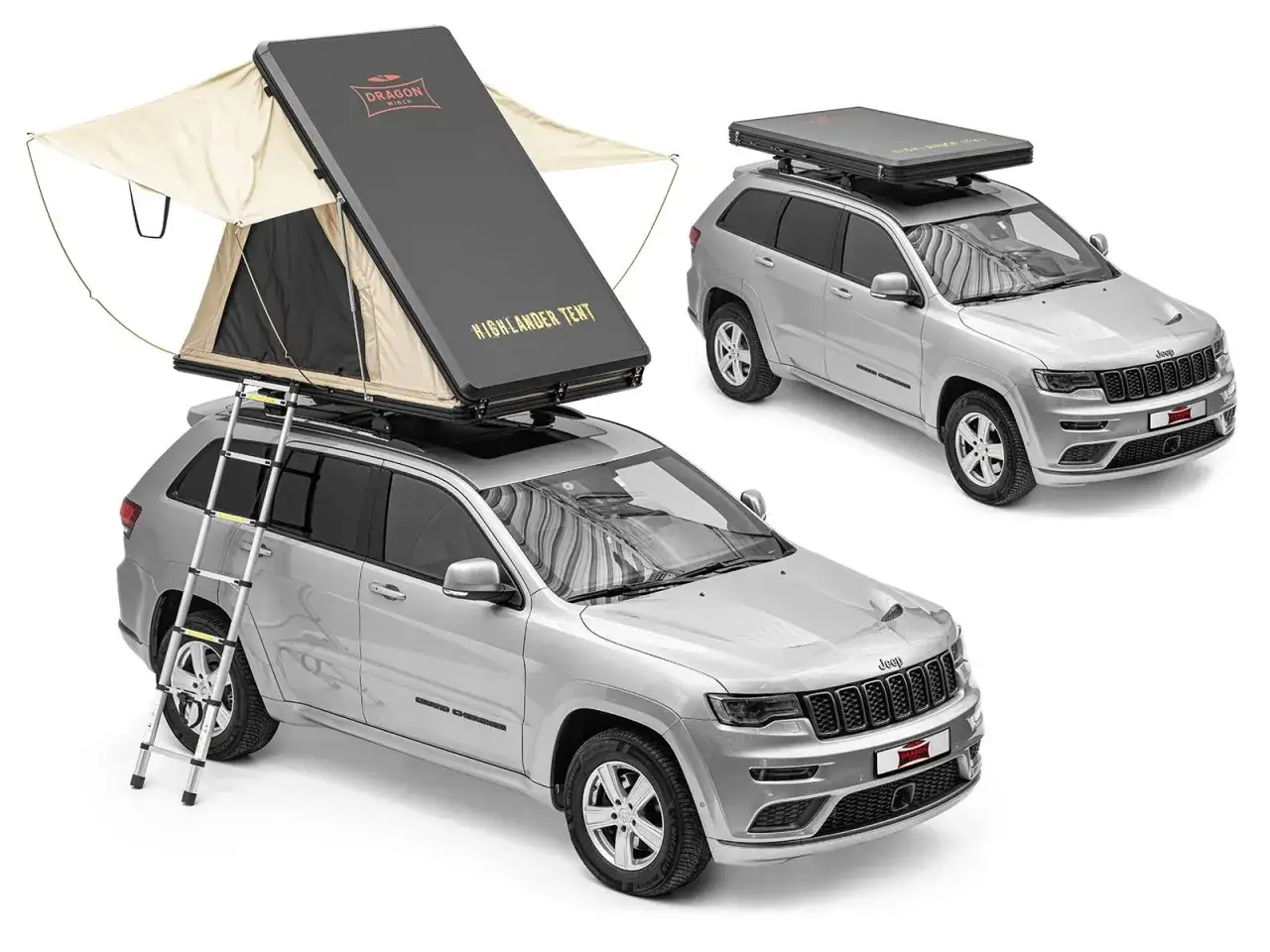 Otwarty namiot dachowy Highlander Tent na srebrnym Jeepie, z drabiną. Pokazano, jak zrobić namiot dachowy, gotowy do przygody.