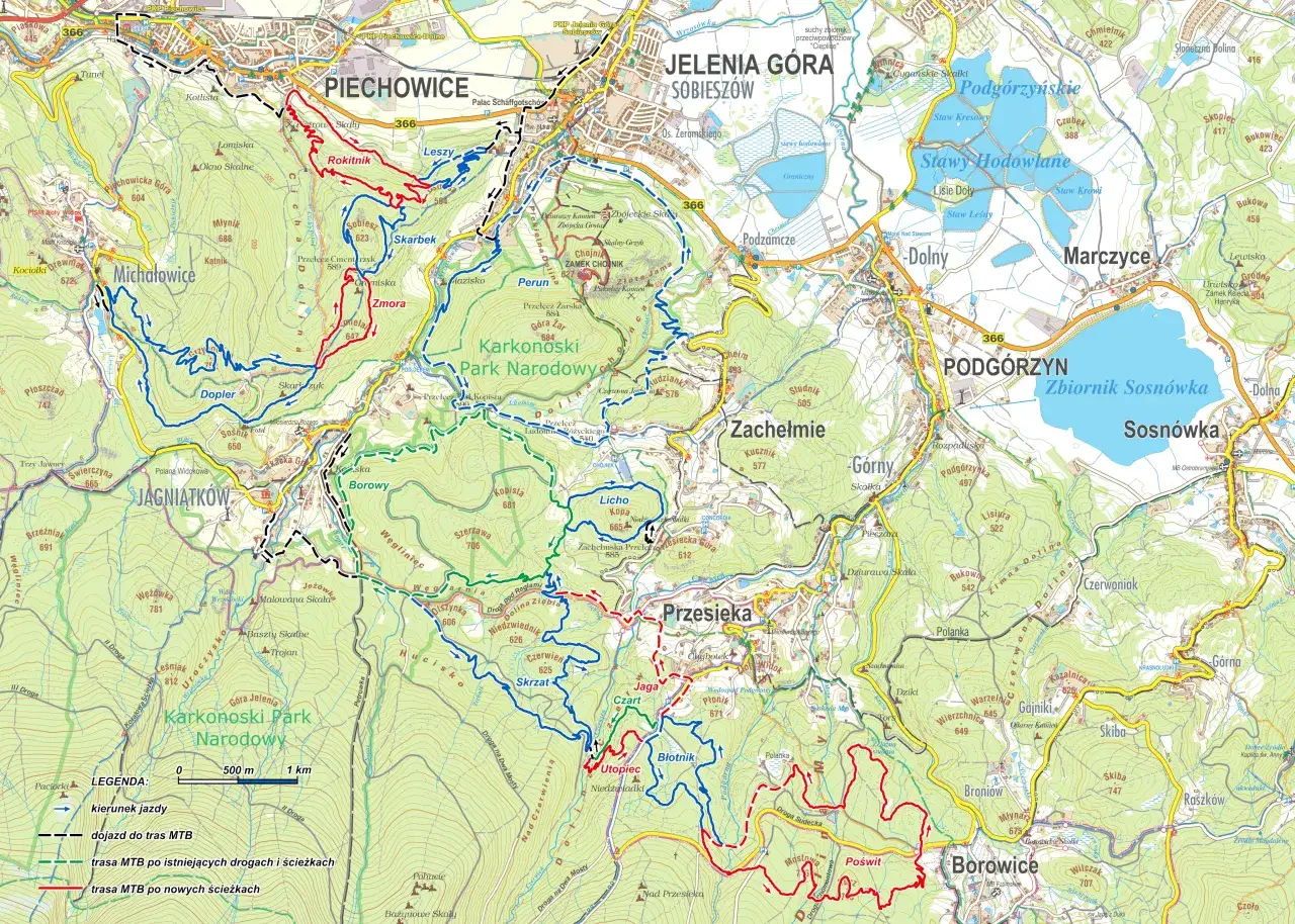 Mapa Karkonoszy z zaznaczonymi kaczawskimi single trackami. Czerwone linie oznaczają nowe ścieżki MTB, zielone istniejące drogi i ścieżki.