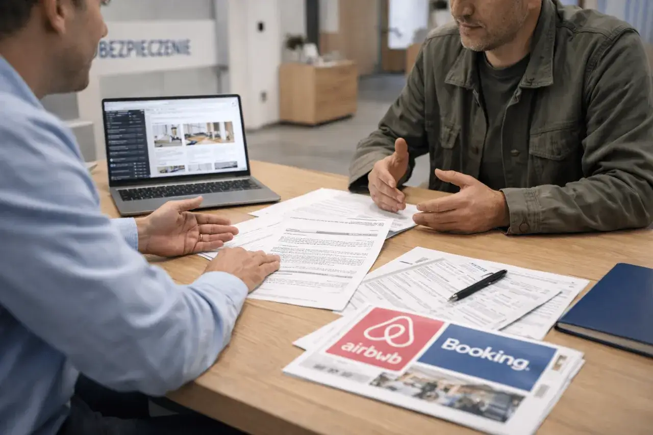 Dwóch mężczyzn omawia dokumenty na stole, na którym leżą loga Airbnb i Booking.com. Rozmowa dotyczy tego, dlaczego od marca 2026 wspólnoty mieszkaniowe mogą nakładać wyższe kary za najem.