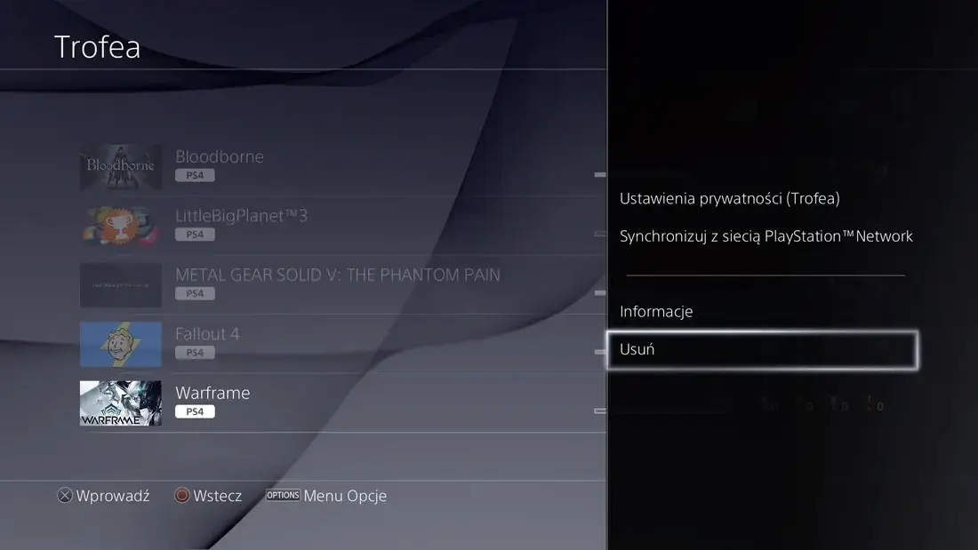 PS4 menu gł&oacute;wne usuwanie gry