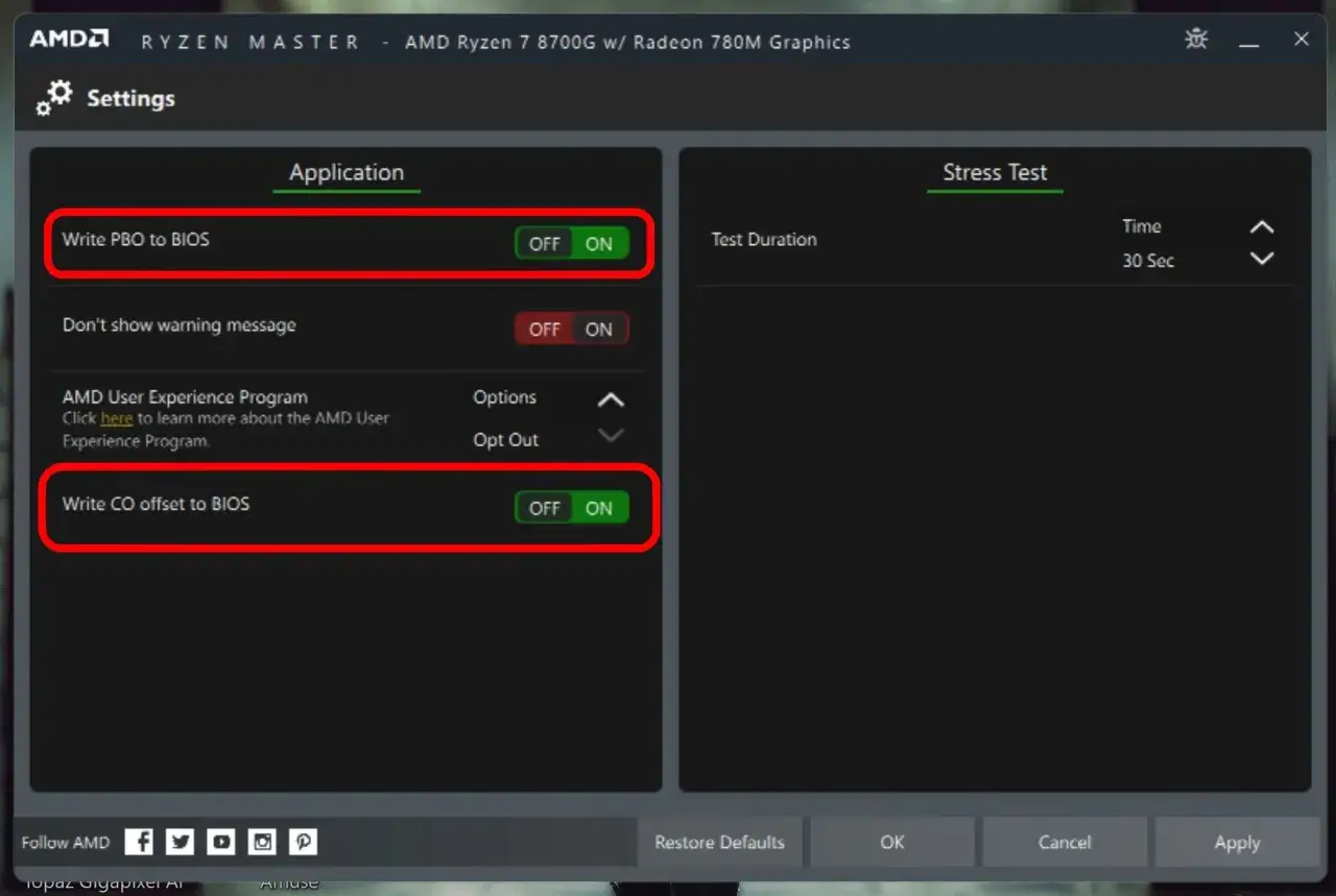 Zrzut ekranu z programu AMD Ryzen Master, pokazujący opcje 