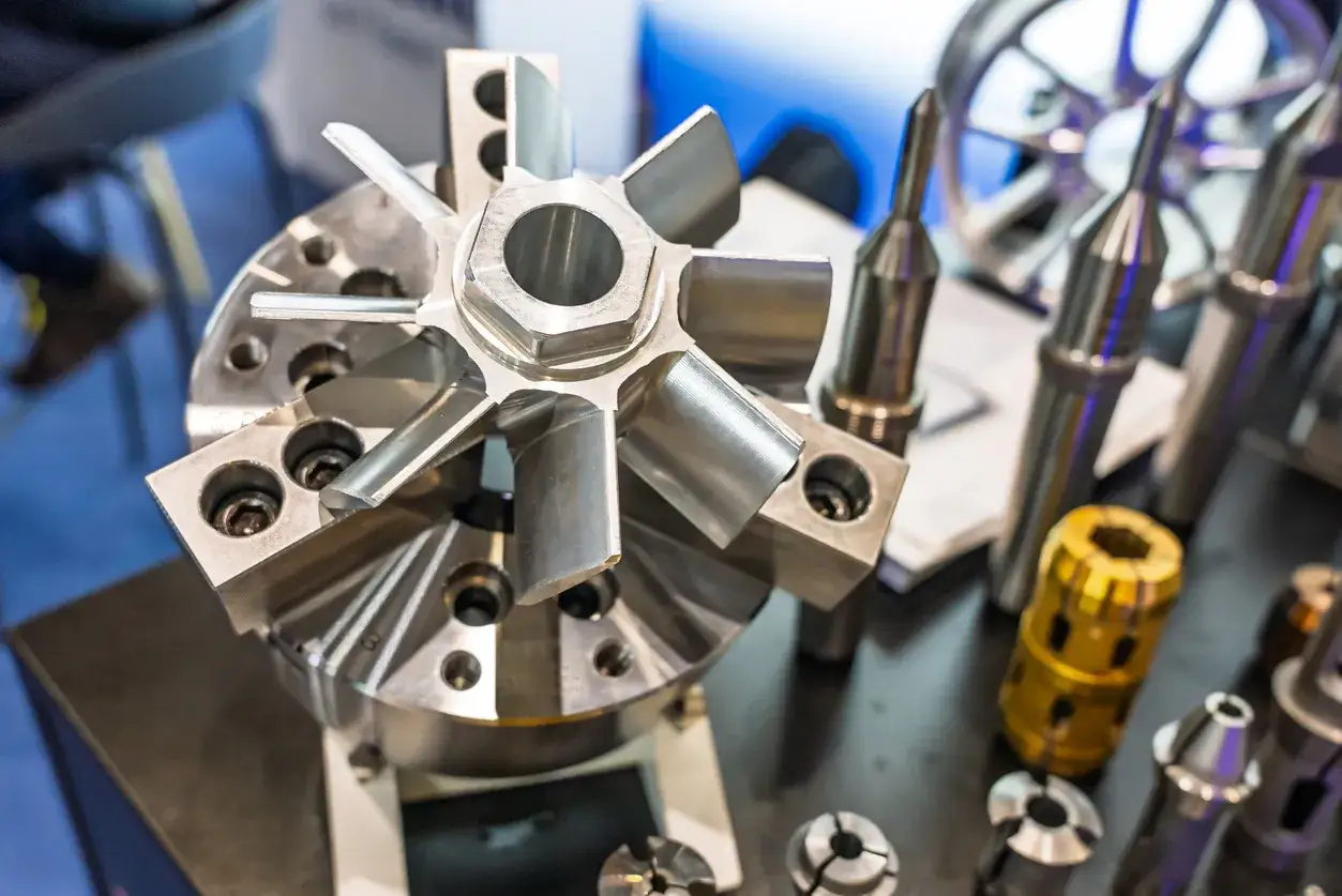 Precyzyjne detale wykonane metodą toczenie CNC. Metalowy element z łopatkami, narzędzia i uchwyty na stole.