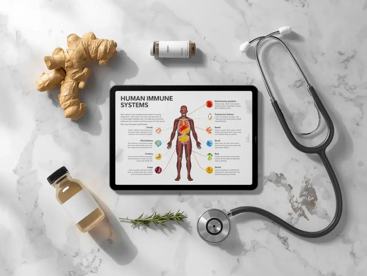 Imbir, zioła i suplementy na ekranie tabletu pokazują, co wywołuje choroby autoimmunologiczne. Stetoskop i butelka sugerują medyczne podejście.
