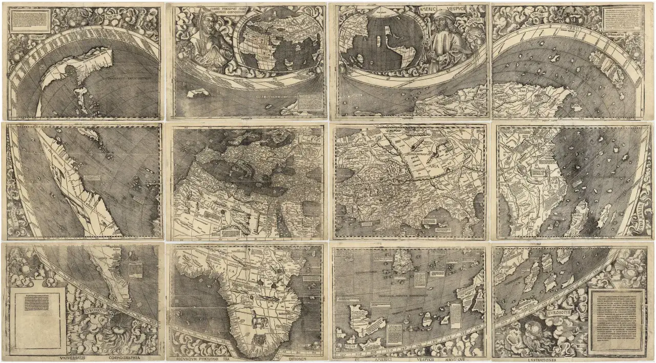 Stara mapa świata, ukazująca co odkrył Amerigo Vespucci, z zaznaczonymi kontynentami, oceanami i licznymi nazwami.