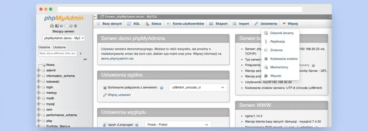 phpMyAdmin interfejs bazy danych