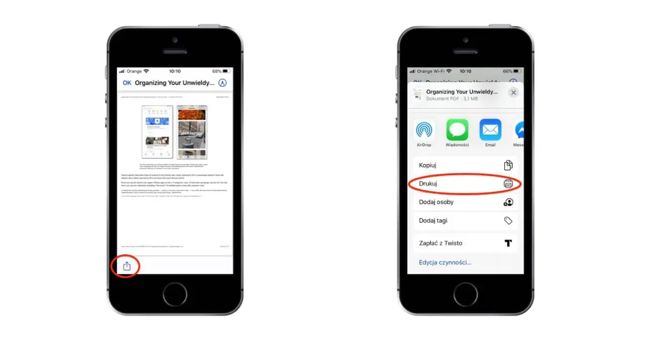iPhone drukujący przez AirPrint