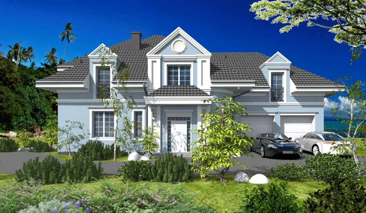 Elegancki dom w stylu angielskim z błękitną elewacją, dwoma garażami i luksusowymi samochodami na podjeździe.