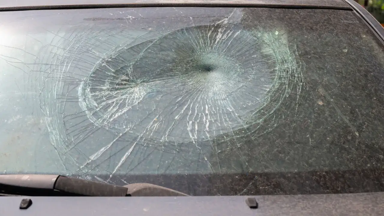 Pęknięta przednia szyba samochodu z widocznym okrągłym odpryskiem i pajęczyną pęknięć.