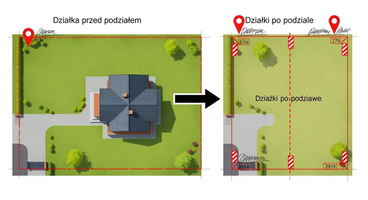 Podział działki: ile bierze geodeta? Ilustracja pokazuje działkę przed i po podziale, z zaznaczonymi granicami i numerami ewidencyjnymi.