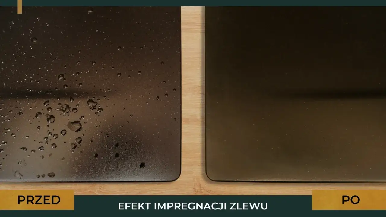 Porównanie powierzchni zlewu granitowego: przed impregnacją widać krople wody, po zastosowaniu impregnatu powierzchnia jest gładka i hydrofobowa.