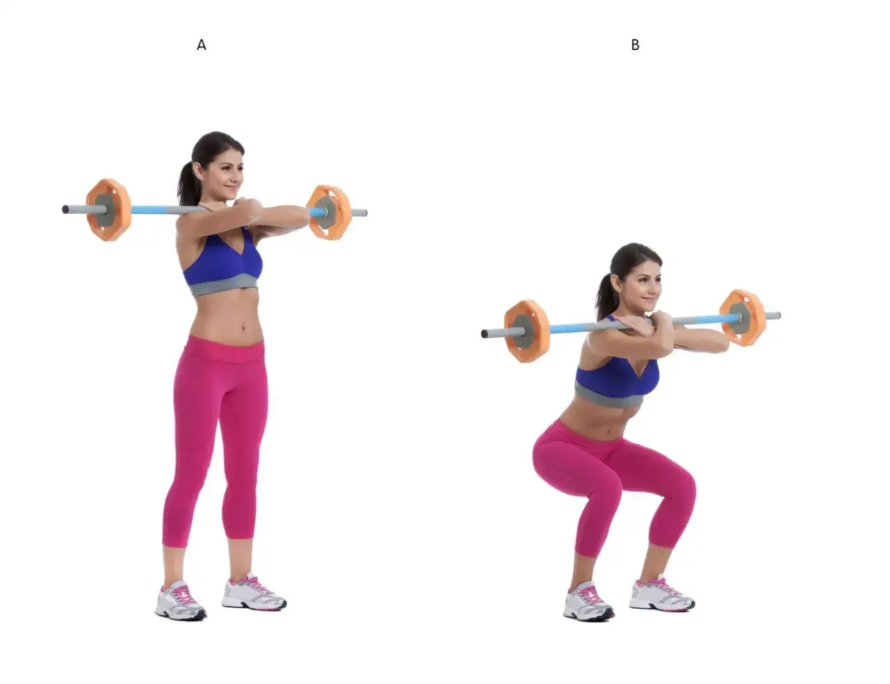 Kobieta wykonuje przysiady z obciążeniem. Pozycja A: stoi z gryfem na klatce piersiowej. Pozycja B: w trakcie przysiadu.