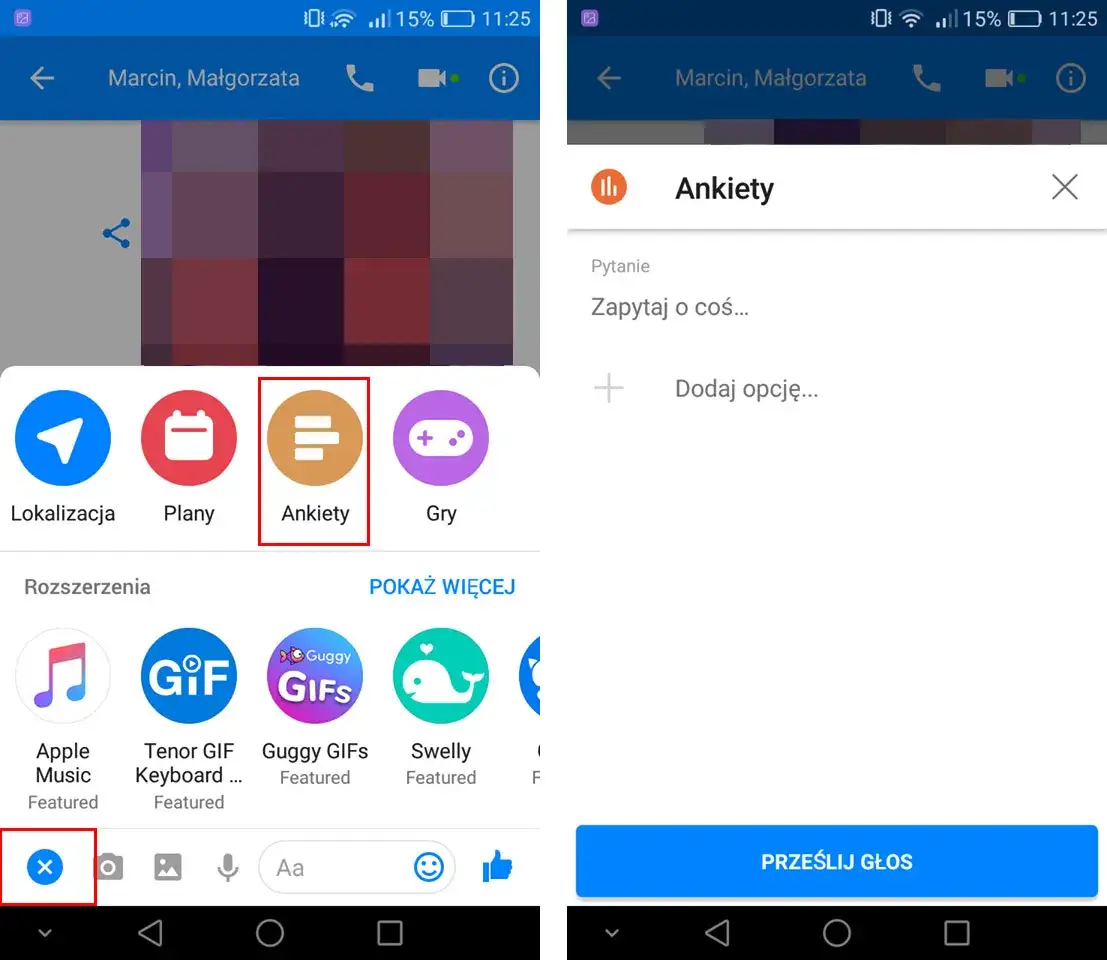 ankieta na messengerze interfejs aplikacji