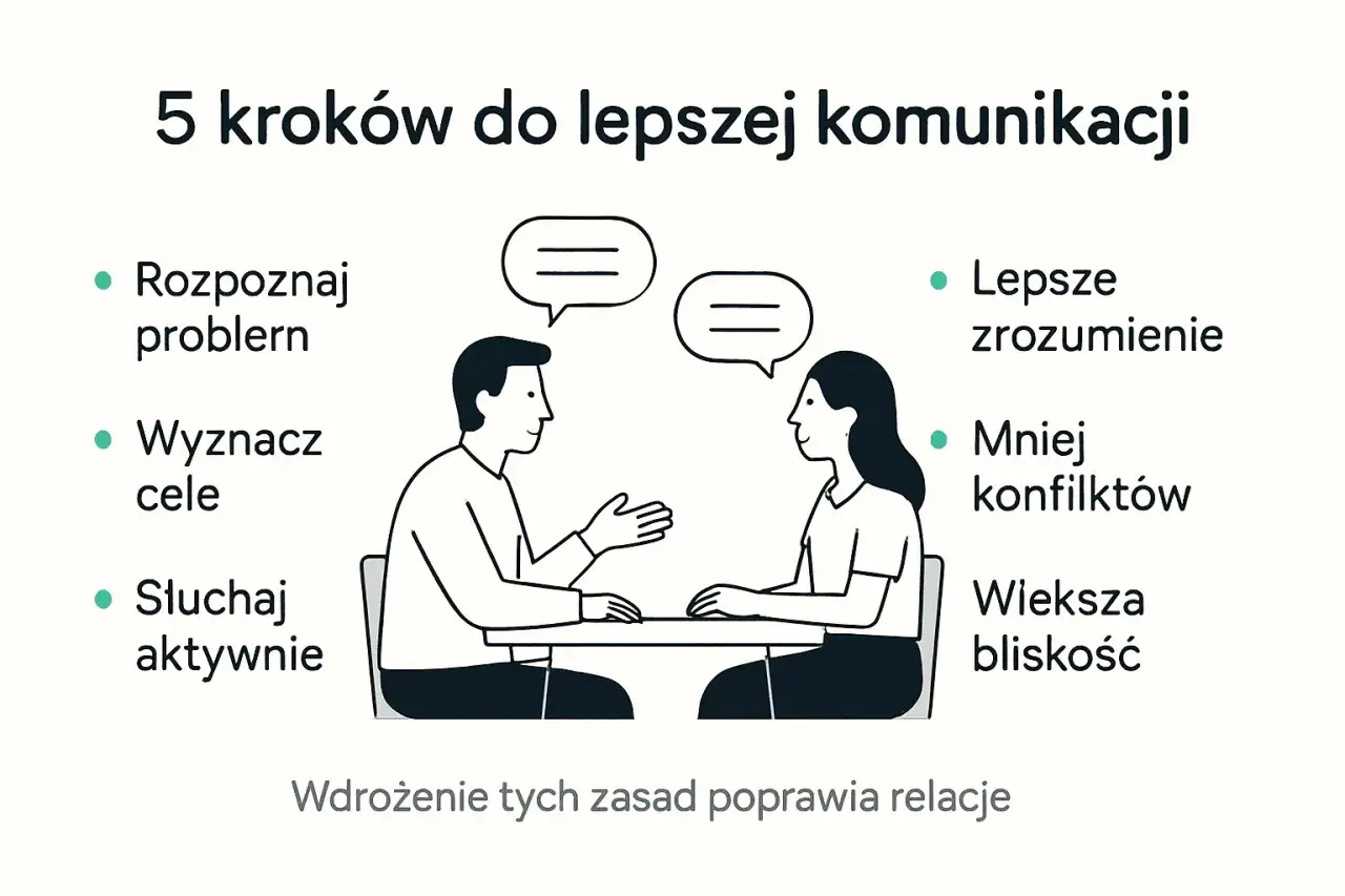 5 krok&oacute;w do lepszej komunikacji w związku: rozpoznaj problem, wyznacz cele, słuchaj aktywnie. To klucz do lepszego zrozumienia i mniejszej liczby konflikt&oacute;w.
