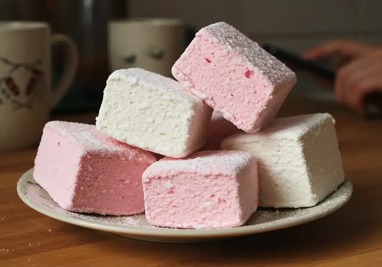 Puszyste pianki marshmallow, r&oacute;żowe i białe, posypane cukrem pudrem. Idealne do domowego przepisu na pianki marshmallow.