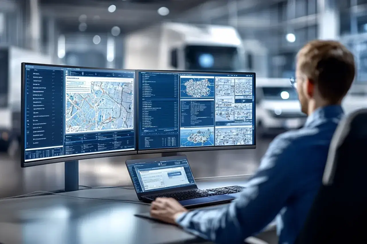 Spedytor drogowy przy komputerze planujący trasy