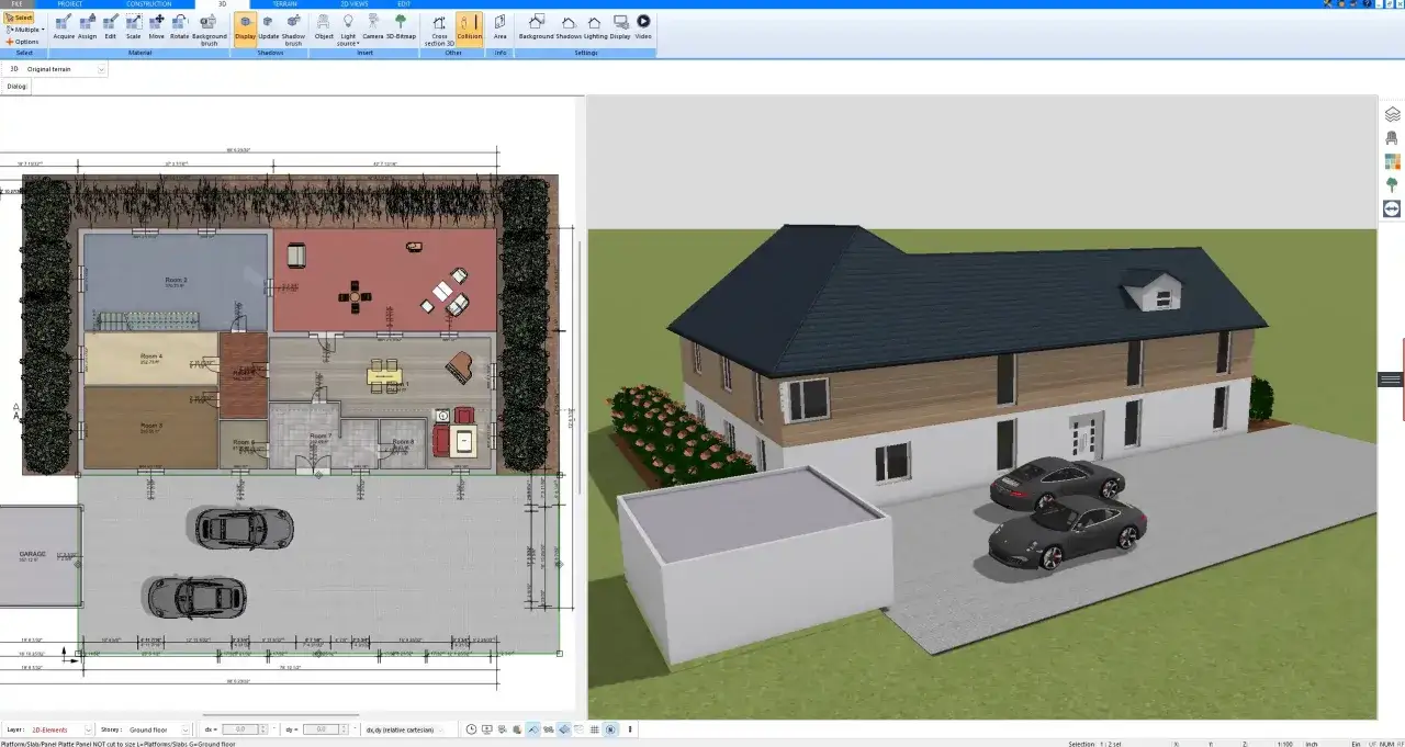 Darmowy program do projektowania wnętrz 3d po polsku. Wizualizacja domu z planem 2D i modelem 3D, z dwoma samochodami na podjeździe.