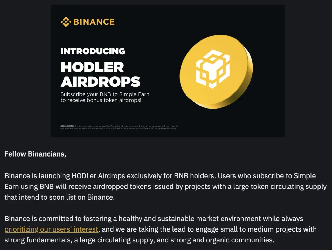 Binance oferuje HODLER Airdrops, czyli co to jest airdrop kryptowaluty: subskrybując BNB na Simple Earn, otrzymasz bonusowe tokeny.