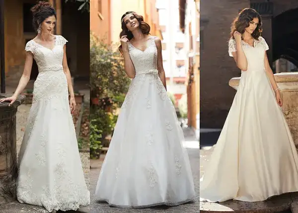 Dekolt V suknia ślubna pionowe zdobienia