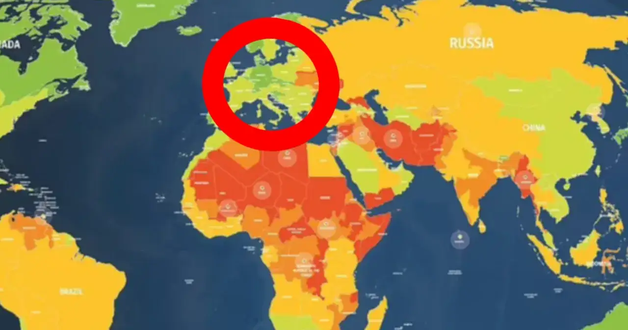 Mapa świata z zaznaczoną Europą. Kolory wskazują poziom bezpieczeństwa, sugerując, że najbezpieczniejsze miasta na świecie znajdują się w tej części globu.